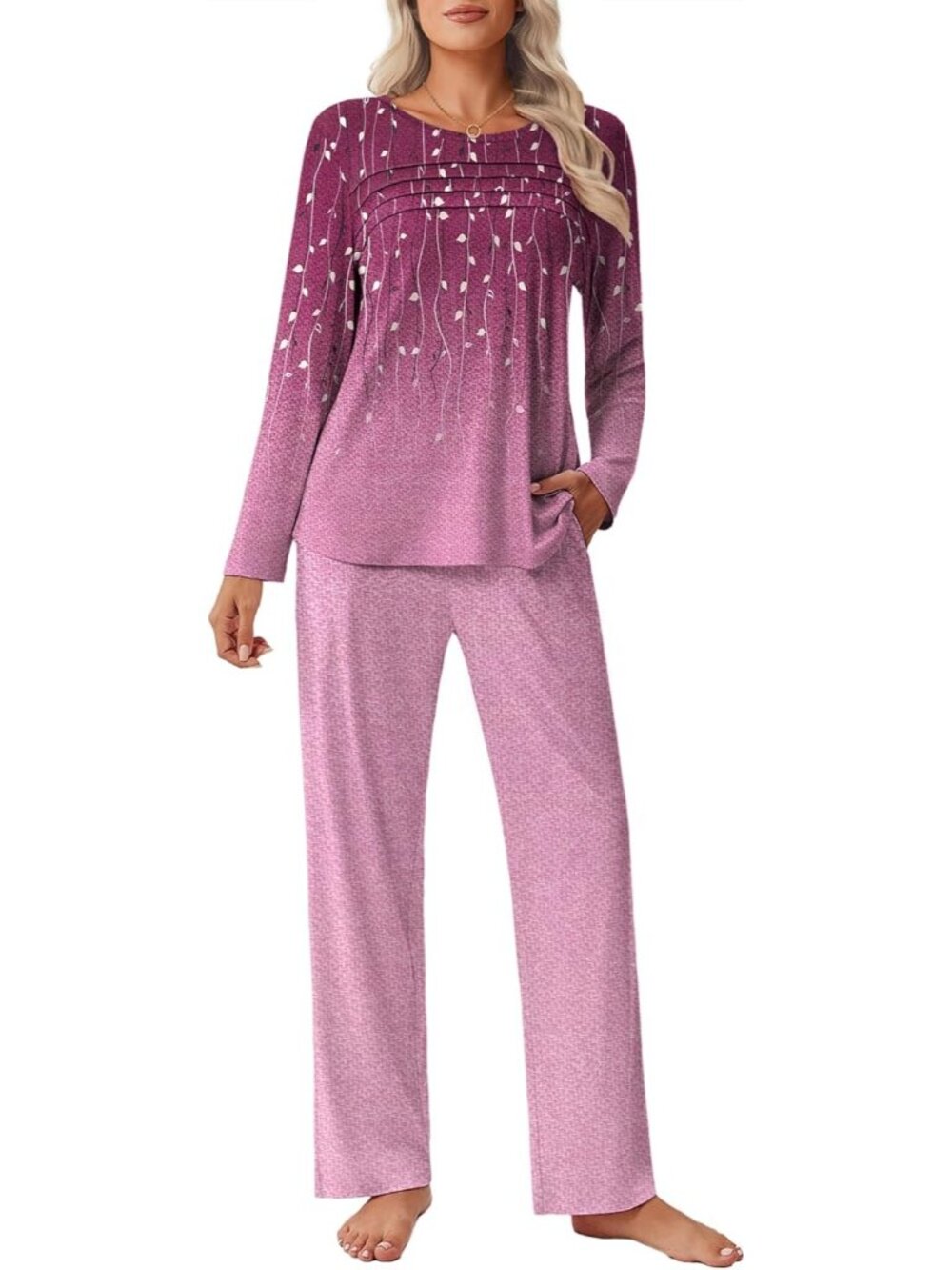 Women's Wine Ombre Long Sleeve Soft Breathable 2 Piece Pajama Set with Pockets